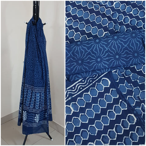 Handloom block printed indigo 3 piece suit set