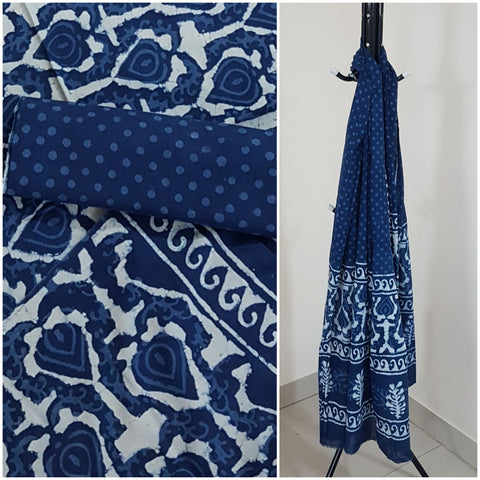 Handloom block printed indigo 3 piece suit set