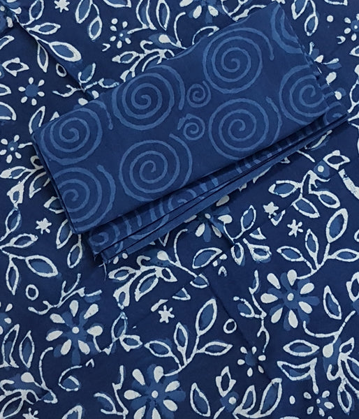 Handloom block printed indigo 3 piece suit set