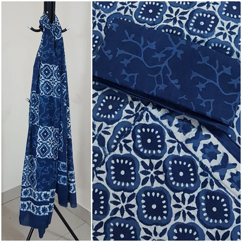 Handloom block printed indigo 3 piece suit set