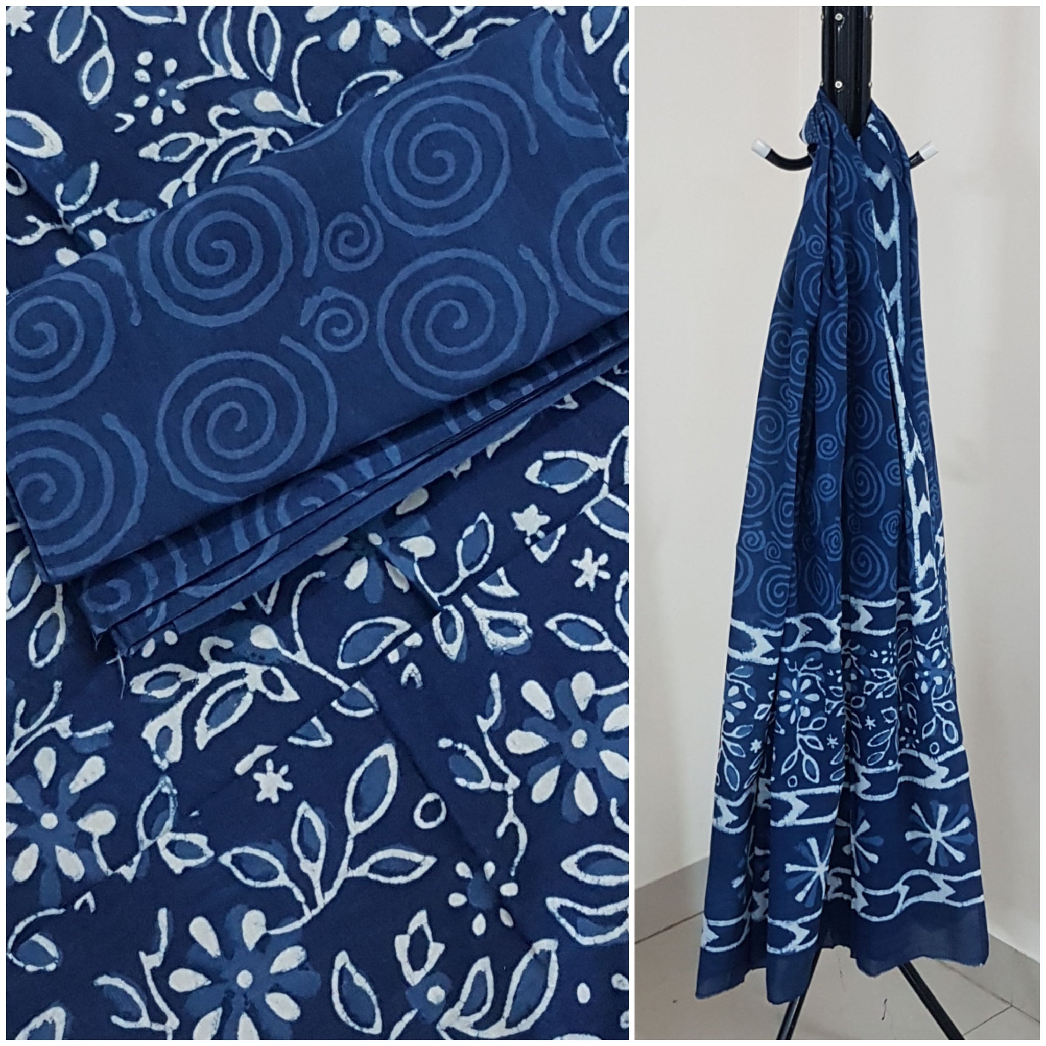 Handloom block printed indigo 3 piece suit set