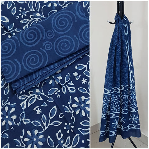 Handloom block printed indigo 3 piece suit set
