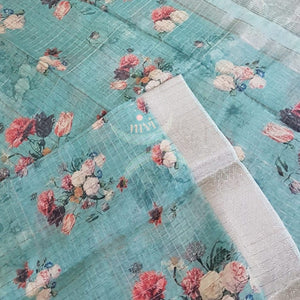 Sea blue digital printed linen with antique zari