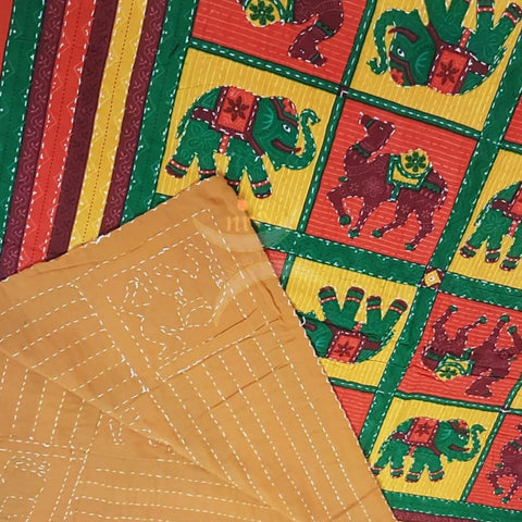 Cotton Two way Hand block printed and  Handmade kantha embroidered dohar cum bedsheet . Size 90×108 inches
