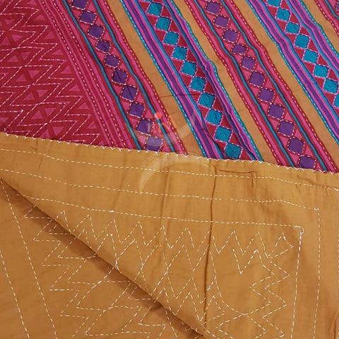 Cotton Two way Hand block printed and  Handmade kantha embroidered dohar cum bedsheet . Size 90×108 inches