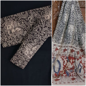 Handloom Mul cotton with abstract design and elephant motif Kalamkari combined with mangalgiri Cotton