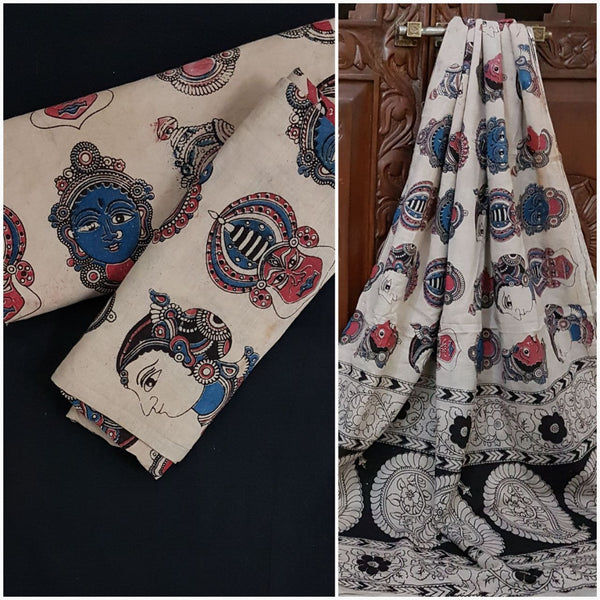 Handloom Mul cotton with Kathakali face motif Kalamkari combined with mangalgiri Cotton
