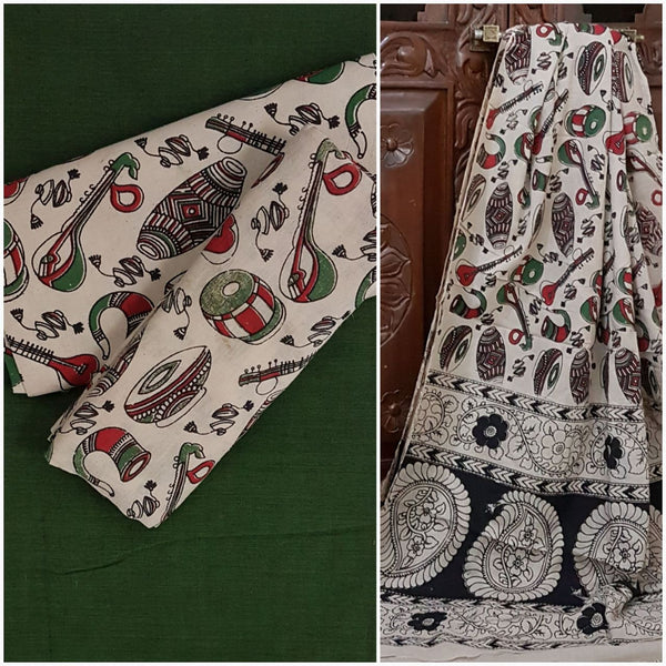 Handloom Mul cotton kalamkari with musical instruments motifs combined with mangalgiri Cotton