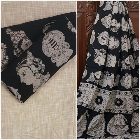 Handloom Mul cotton Kathakali face motif Kalamkari with mangalgiri Cotton