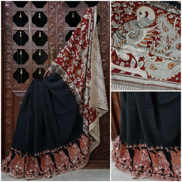 Black chennur silk kalamkari with traditional Radha Krishna and peacock motif..saree comes with blouse