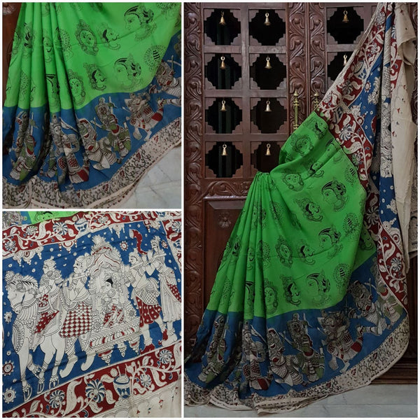 Green blue chennur silk kalamkari with Kathakali and traditional palki motif.