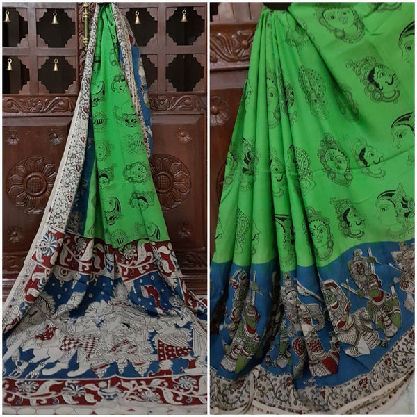 Green blue chennur silk kalamkari with Kathakali and traditional palki motif.