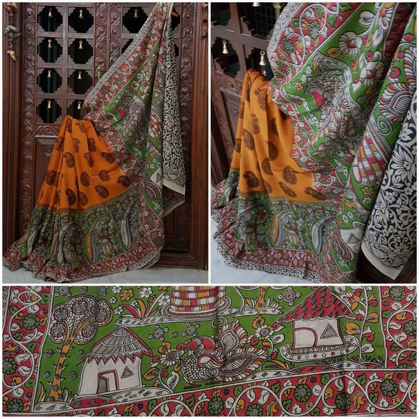 Orange green Chennur silk kalamkari with floral and Paisley motif