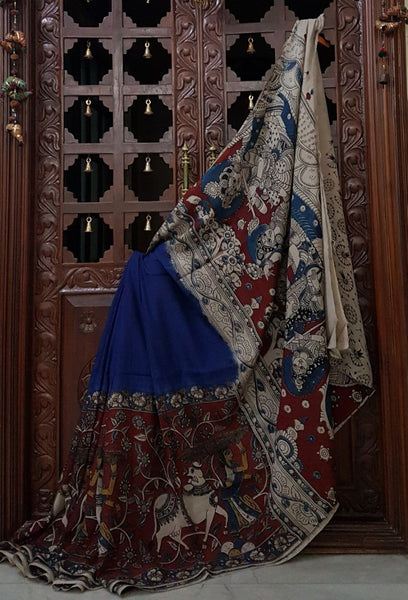Blue chennur silk kalamkari with Sri Krishna and Gopika's motif