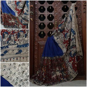 Blue chennur silk kalamkari with Sri Krishna and Gopika's motif