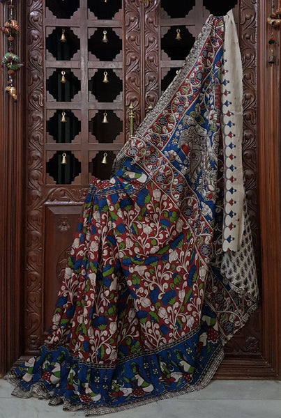 Red Chennur silk kalamkari with floral motif