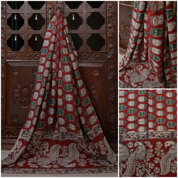 Red Handloom Mul cotton kalamkari duppata with Buddha motif