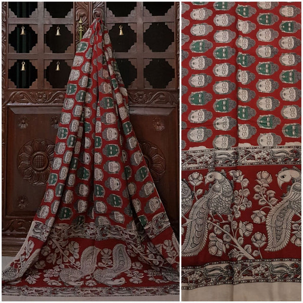Red Handloom Mul cotton kalamkari duppata with Buddha motif