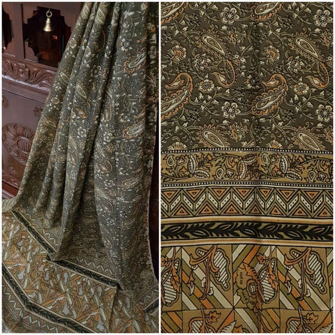 Green Handloom Mul cotton kalamkari duppata with floral motif