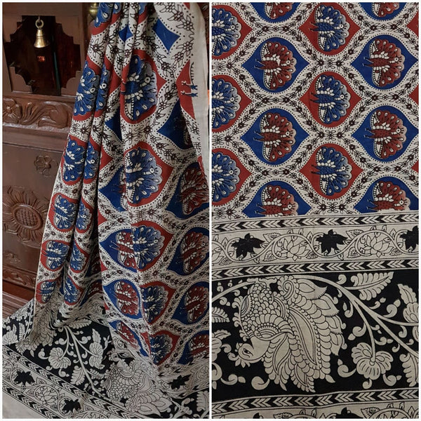 Red blue Handloom Mul cotton kalamkari duppata with peacock motif