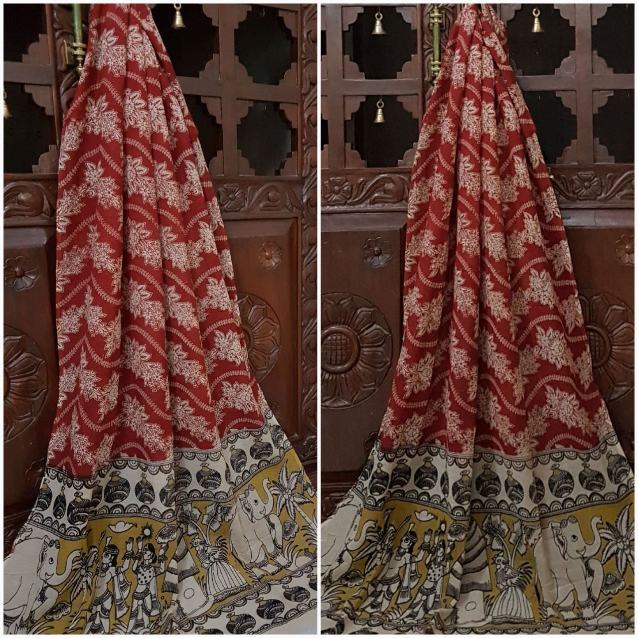Red yellow Handloom Mul cotton kalamkari duppata with floral and elephant motif