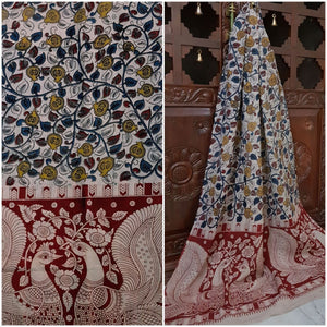 White red Handloom Mul cotton kalamkari duppata with floral motif