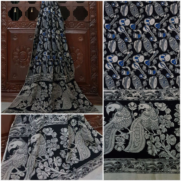 Black Handloom Mul cotton kalamkari duppata with musical instruments motif