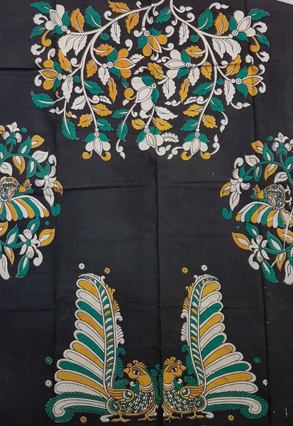 Handloom Cotton kalamkari blouse material with floral and peacock motif