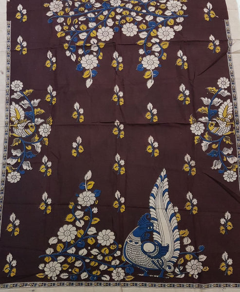 Handloom Cotton kalamkari blouse material with floral and peacock motif