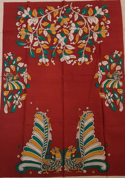 Handloom Cotton kalamkari blouse material with floral and peacock motif