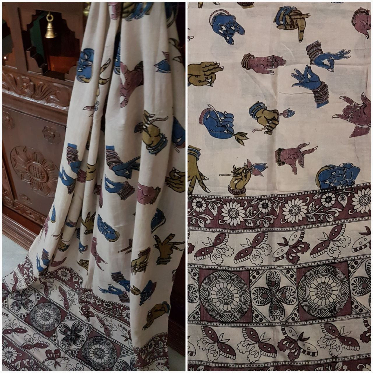 Off white Handloom Mul cotton kalamkari duppata with hand mudra prints