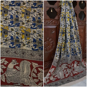 Handloom Mul cotton kalamkari duppata with elephant and peacock motif