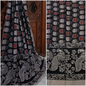 Black Handloom Mul cotton kalamkari duppata with Buddha motif