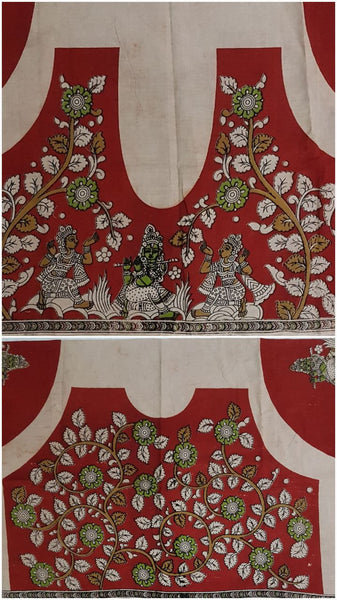 Black and white Handloom Cotton kalamkari blouse material with floral motif