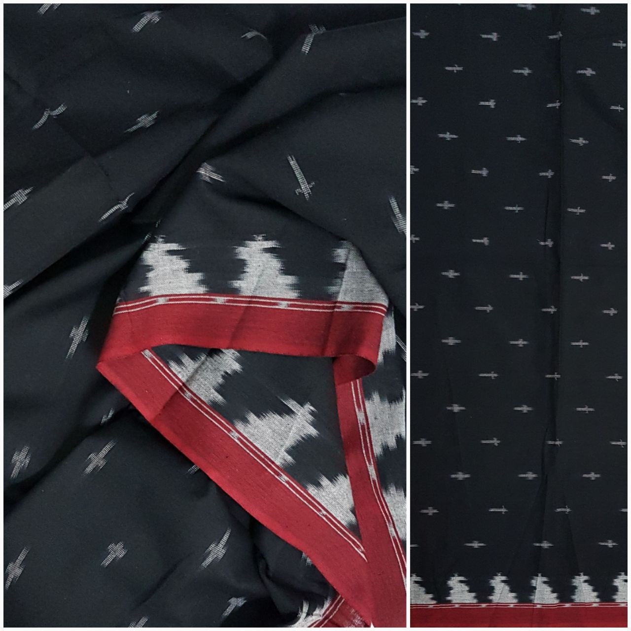 Black Pochampalli- single ikat Handwoven soft cotton fabric .