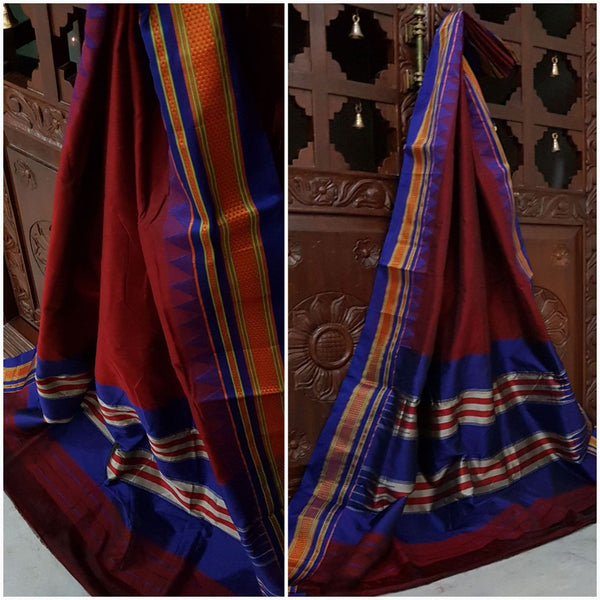 Maroon merserised cotton gadwal with blue temple border