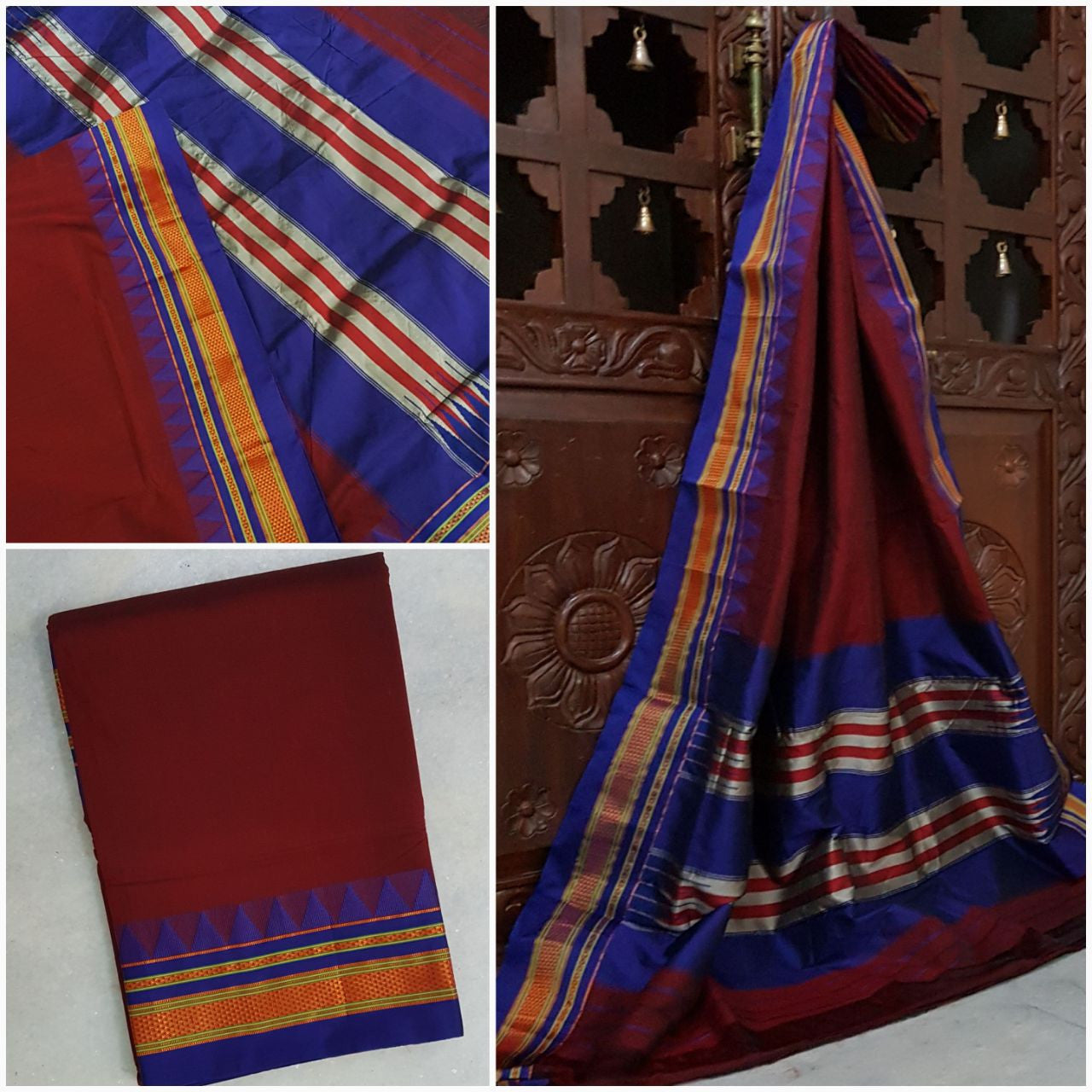 Maroon merserised cotton gadwal with blue temple border