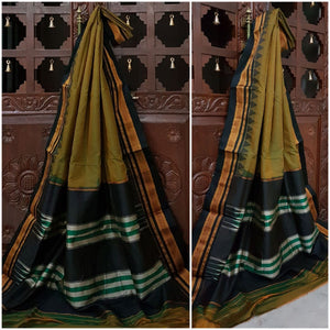 Mehendi green mercerized cotton gadwal with black temple border