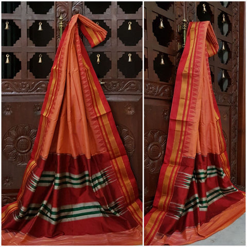 Pink  mercerized cotton gadwal with red temple border and tope teni pallu