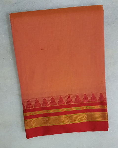 Pink  mercerized cotton gadwal with red temple border and tope teni pallu