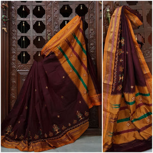 Maroon mustard silk cotton kasuti embroidered Ilkal  