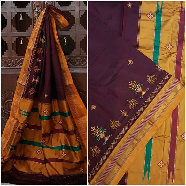 Maroon mustard silk cotton kasuti embroidered Ilkal  