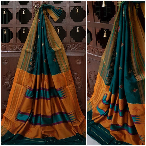 Teal blue mustard silk cotton kasuti embroidered Ilkal