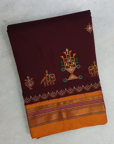 Maroon mustard silk cotton kasuti embroidered Ilkal  
