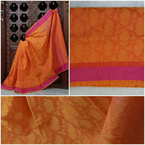 Orange pink sico Benaras with allover Paisley motif and suble pink zari pallu.