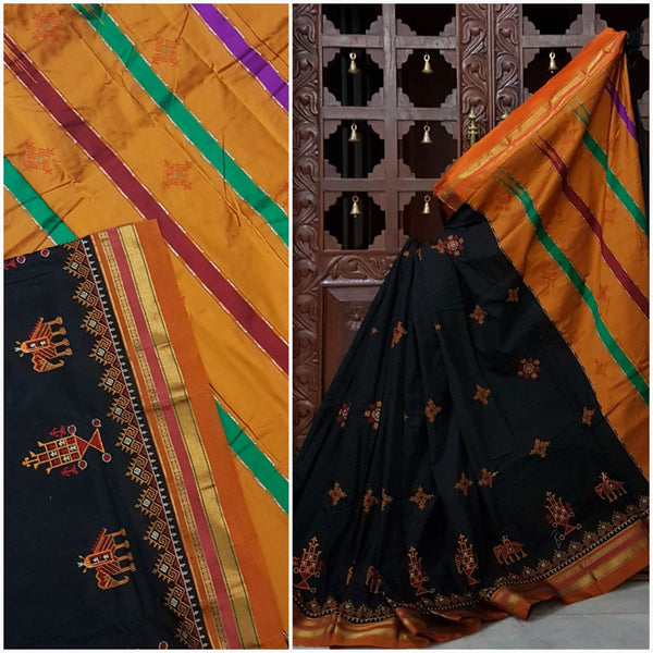 Black orange silk cotton kasuti embroidered Ilkal