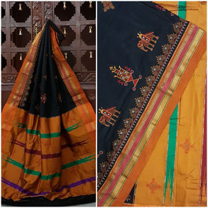 Black orange silk cotton kasuti embroidered Ilkal