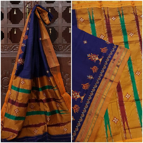 Royal Blue mustard silk cotton kasuti embroidered Ilkal