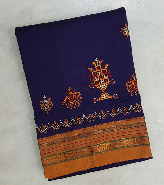 Royal Blue mustard silk cotton kasuti embroidered Ilkal