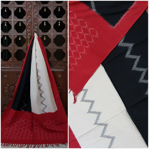 Black white and red Pochampalli- Double ikat Handloom cotton duppata